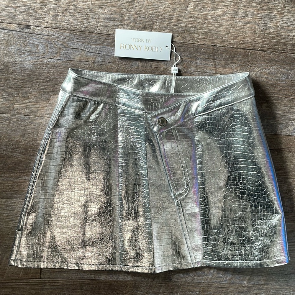 NWT Torn by Ronny Kobo metallic silver snake print Donnie mini skirt